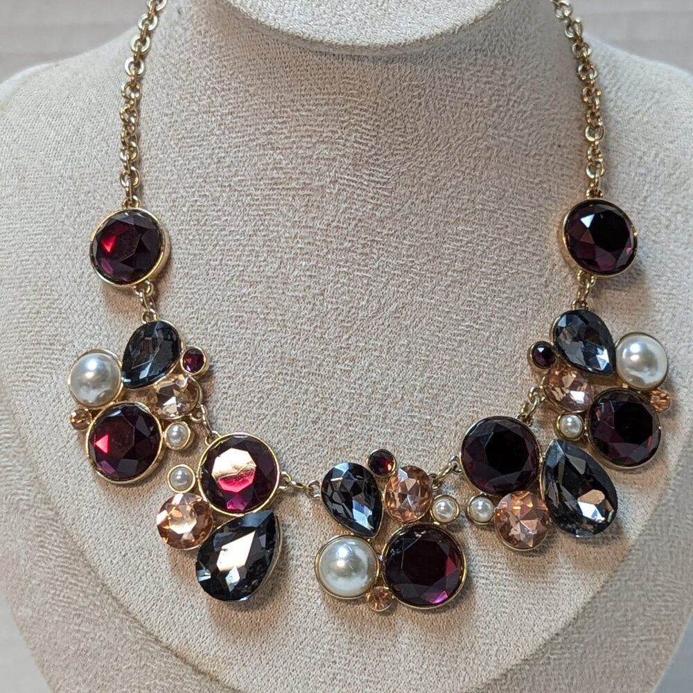 Gorgeous Gold Tone Rhinestone Faux Pearl Choker Necklace Burgundy Gray Peach - Picture 6 of 10